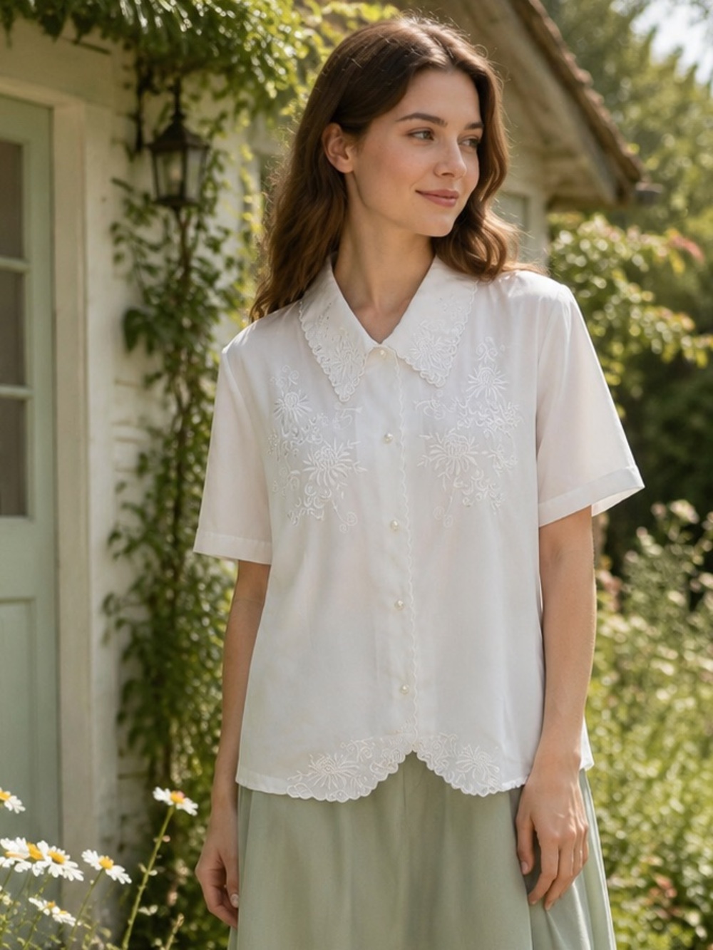 Vintage Joanna XL White Embroidered Scallop Button Front Blouse Cottagecore